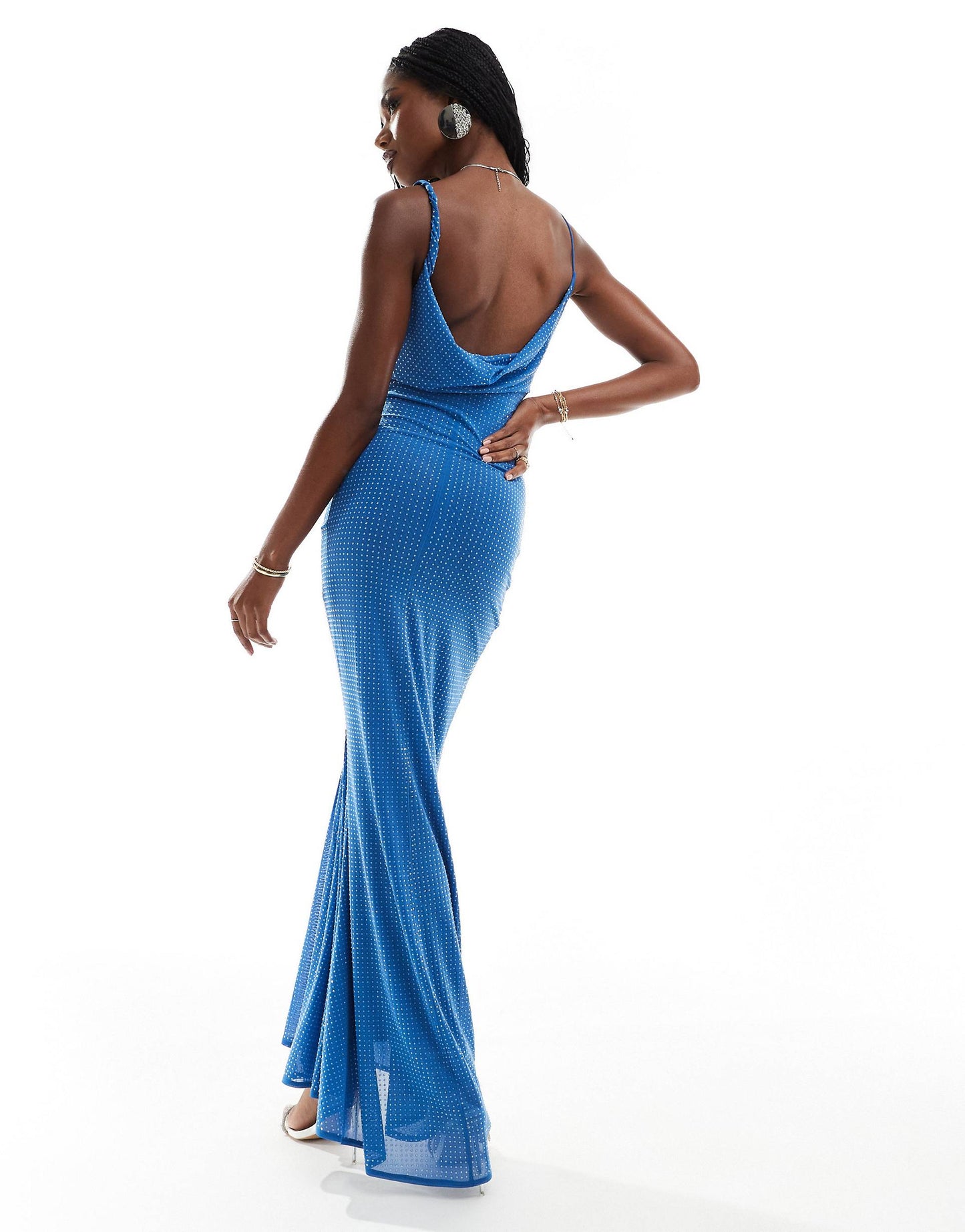 🩱 Azure Elegance - Draped Maxi Dress with Hotfix Embellishments